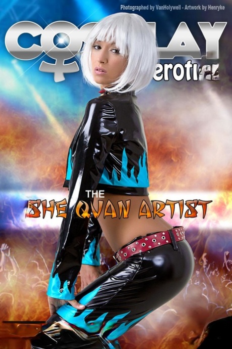 Platinum blonde cosplayer exposes her small tan lined tits 74859057