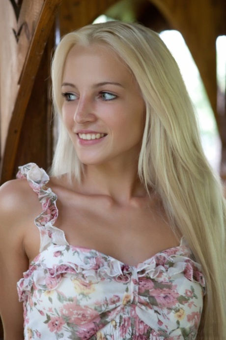 Hot blonde Alysha doffs her dress in the fountain to wet her slender teen body 78650640