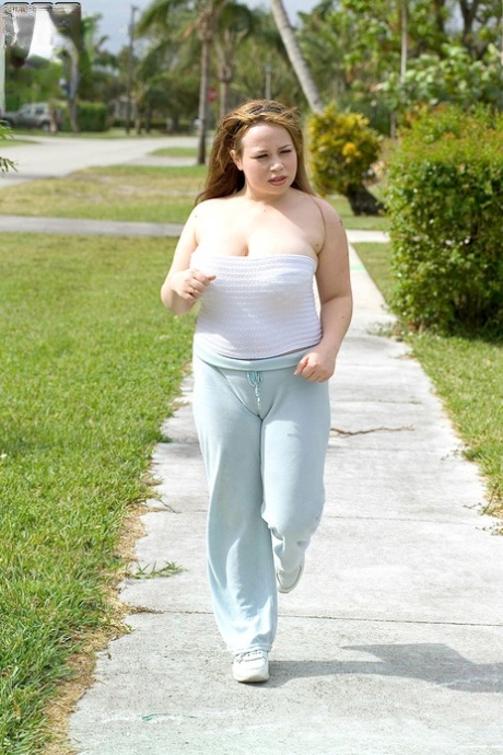 Hot chubby Kerra Dawson jogs braless and lets BF suck her huge tits 35733463