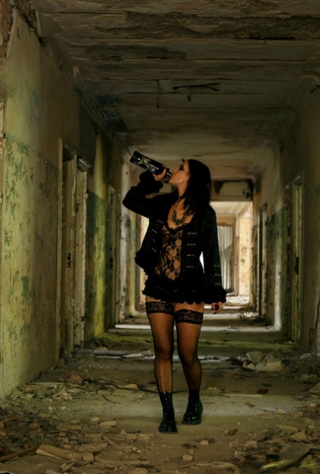Dark haired chick Lola Ash pisses on floor of abandoned building 64382931