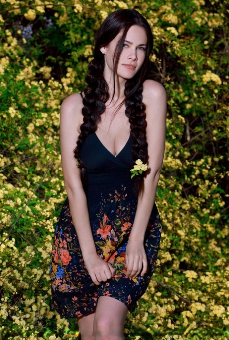 Sexy teen Martina Mink gets undressed in braided pigtails by flowering bushes 79569572