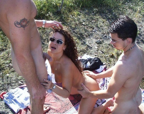 Swinging couple invite a hiker to have MMF sex next to a body of water 23924323