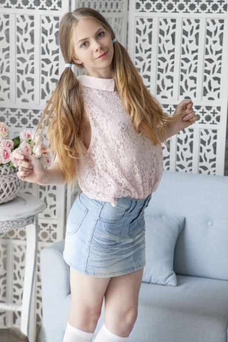 Pale redhead Nastyshka wears her hair in pigtails while unveiling her teen bod 43163306