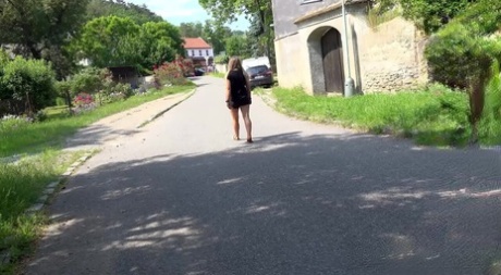 Blonde chick Jena Lovely takes a badly needed piss on a road during the day 81669472