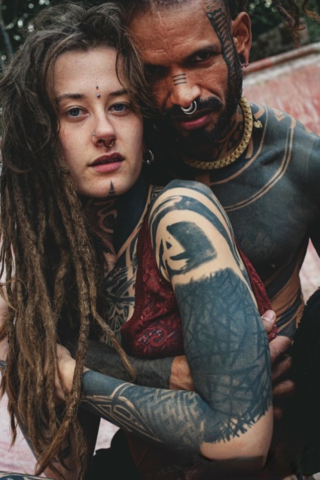 Heavily tattooed couple engage in oral sex while in a skate pool 49708387