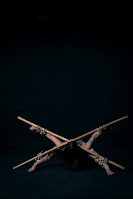 Dark-haired girl Carmine Worx is tied to a couple of bamboo poles 68443812