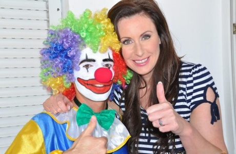 Mature lady has a sexual encounter with a clown in nylons and garters 14668250