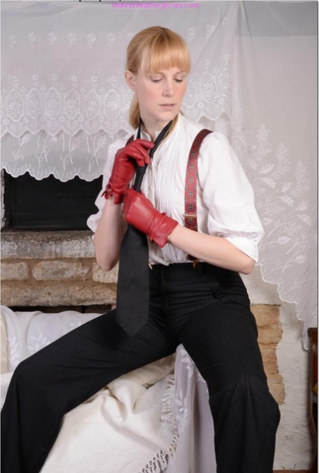 Fair skinned female Ariel pulls down her pants wearing red leather gloves 18907969