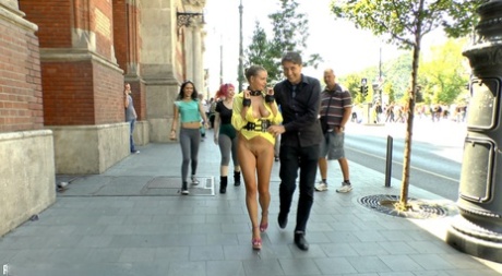 Busty blonde is forced to expose herself in public before public sex acts 72088972
