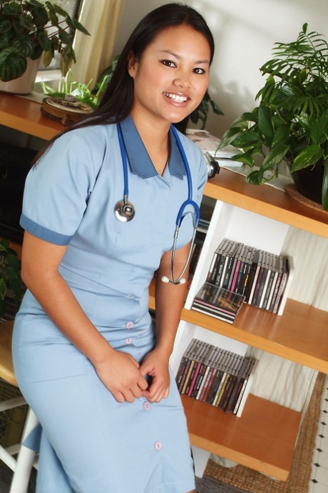 Asian first timer ridding nurse uniform to reveal tiny tits and shaved twat 59567819